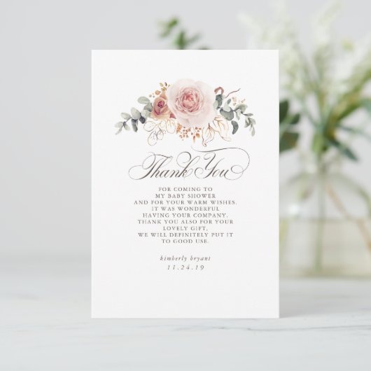 Earthy Pink Floral Baby shower Hartelijk dank Bedankkaart (Staand voorkant)