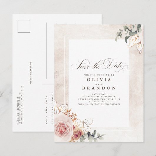 Earthy Pink Floral Elegant Save the Date Aankondigingskaart (Voorkant / Achterkant)