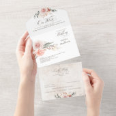 Earthy Pink Flowers Elegant Boho Wedding All In One Uitnodiging (Afscheurbaar)
