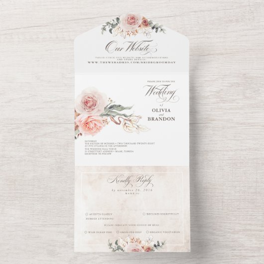 Earthy Pink Flowers Elegant Boho Wedding All In One Uitnodiging (Binnen)