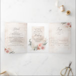 Earthy Pink Flowers Elegant Boho Wedding Drieluik Uitnodiging<br><div class="desc">Deze prachtige aardbevingsbloemen bruiloft drieledige uitnodiging is een perfecte keuze voor je zomer- of herfstbruiloft. Het alles-in-één ontwerp kenmerkt uw foto en omvat een trouwuitnodiging,  trouwdetails,  en een zelf-gerichte kaart RSVP die de gasten kunnen afsnijden en terug naar u verzenden.</div>