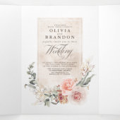 Earthy Pink Flowers Elegant Boho Wedding Drieluik Uitnodiging (Binnenkant midden)