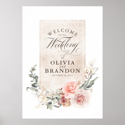 Earthy Pink Flowers Elegant Wedding Welcome Sign Poster (Voorkant)