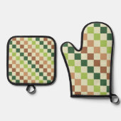 Earthy rainbow diagonal checkerboard pattern ovenwant & pannenlap set (Voorkant)