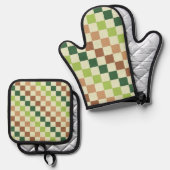 Earthy rainbow diagonal checkerboard pattern ovenwant & pannenlap set (Voorkant / Achterkant)