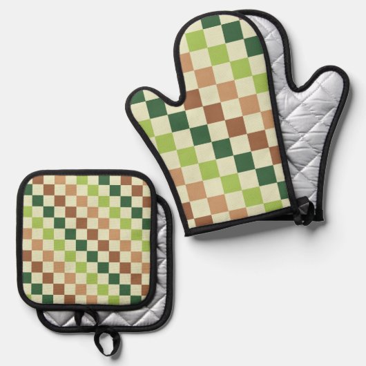 Earthy rainbow diagonal checkerboard pattern ovenwant & pannenlap set (Voorkant / Achterkant)