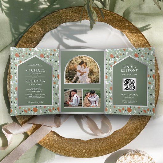 Earthy Sage Green Terrazzo Tegel QR Code Weddensch Drieluik Uitnodiging