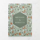 Earthy Sage Green Terrazzo Tegel QR Code Weddensch Drieluik Uitnodiging (Cover)