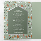 Earthy Sage Green Terrazzo Tegel QR Code Weddensch Drieluik Uitnodiging (Binnenzijde eerst)