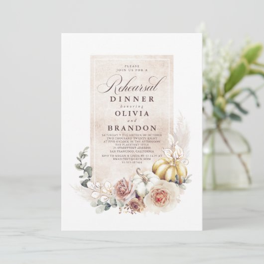 Earthy Shade Floral Pumpkins Boho Rehearsal Kaart (Staand voorkant)