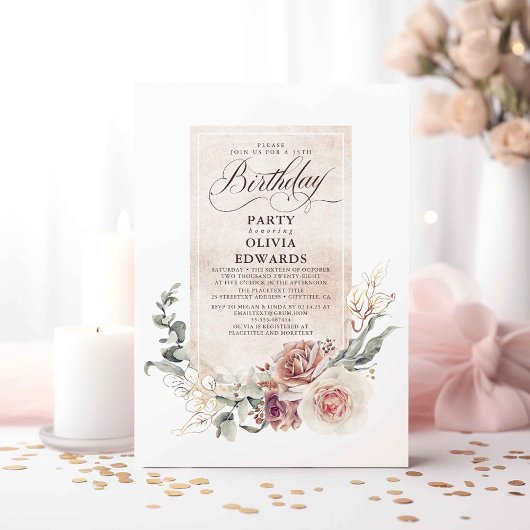 Earthy Shade Flowers Boho Elegant Birthday Party Kaart