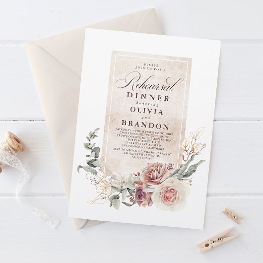 Earthy Shade Flowers Boho Elegant Rehearsal Dinner Kaart