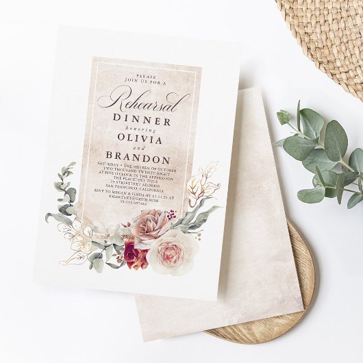 Earthy Shade Flowers Boho Elegant Rehearsal Dinner Kaart