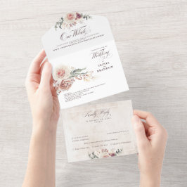 Earthy Shade Flowers Elegant Boho Wedding All In One Uitnodiging