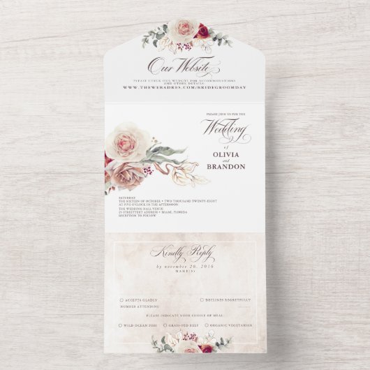 Earthy Shade Flowers Elegant Boho Wedding All In One Uitnodiging (Binnen)