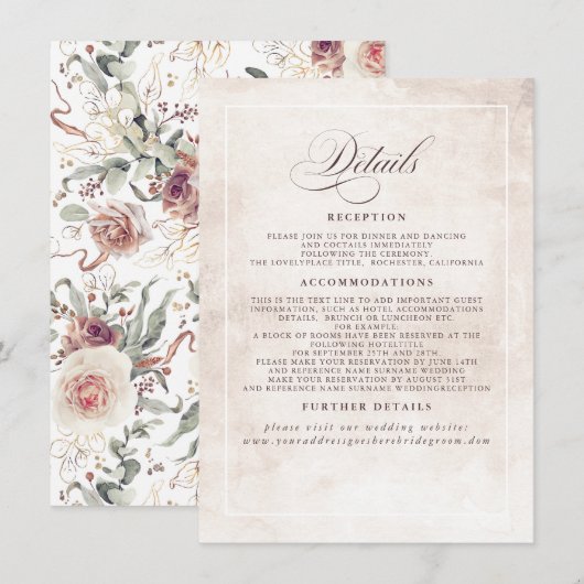Earthy Shade Flowers Elegant Boho Wedding Details Informatiekaartje (Voorkant / Achterkant)