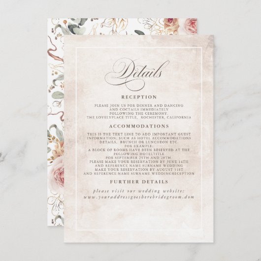 Earthy Shade Flowers Elegant Boho Wedding Details Informatiekaartje (Voorkant / Achterkant)