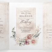 Earthy Shade Flowers Elegant Boho Wedding Drieluik Uitnodiging (Binnenkant midden)