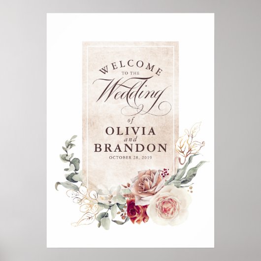 Earthy Shade Flowers Elegant Wedding Welcome Sign Poster (Voorkant)