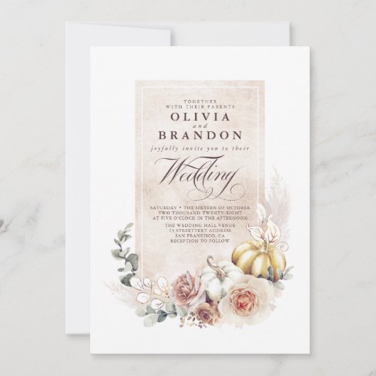 Earthy Shades Floral Pumpkins Boho Fall Wedding Kaart (Voorkant)