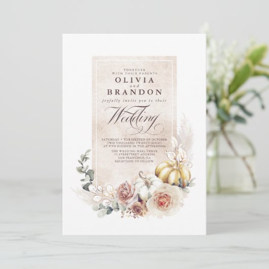 Earthy Shades Floral Pumpkins Boho Fall Wedding Kaart (Staand voorkant)