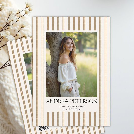 Earthy Stripes Graduation Photo Collage QR Code Aankondiging