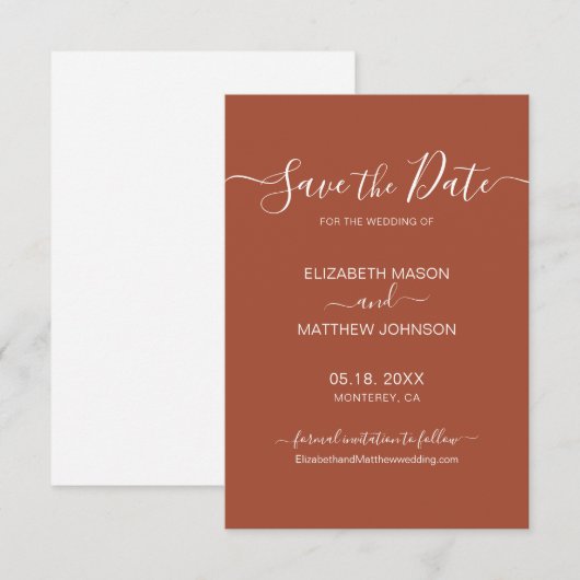 Earthy Terracotta Rust Minimalist Script Wedding Save The Date (Voorkant / Achterkant)
