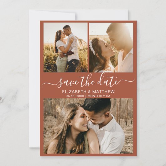 Earthy Terracotta Script Photo Collage Wedding Save The Date (Voorkant)