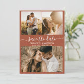 Earthy Terracotta Script Photo Collage Wedding Save The Date (Staand voorkant)