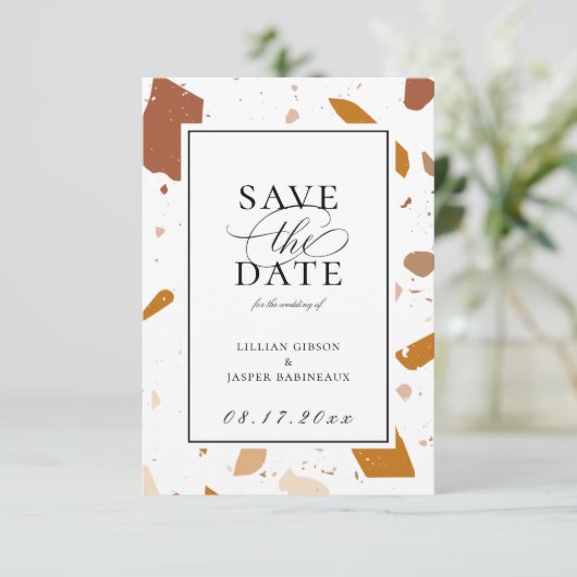 Earthy Terrazzo Pattern Save the Date Aankondiging (Staand voorkant)