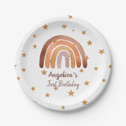 Earthy Tone Waterverf Rainbow First Birthday Papieren Bordje (Voorkant)