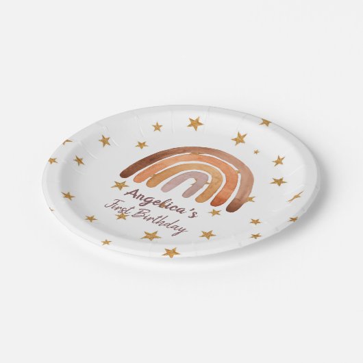 Earthy Tone Waterverf Rainbow First Birthday Papieren Bordje (Gekanteld)