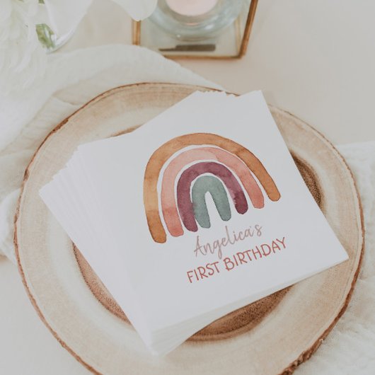 Earthy Tone Waterverf Rainbow First Birthday Servet