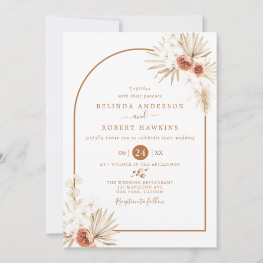  Earthy Tones Roos Boho Pampas Grass Wedding Invit Kaart (Voorkant)