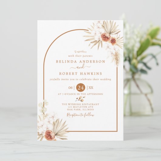  Earthy Tones Roos Boho Pampas Grass Wedding Invit Kaart (Staand voorkant)
