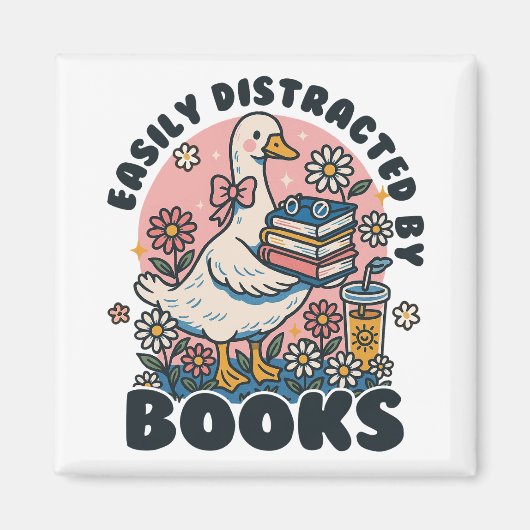 Easily Distracted by Books Cute Goose Bookworm Magneet (Voorkant)