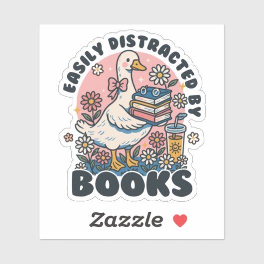 Easily Distracted by Books Cute Goose Bookworm Sticker (Vel)