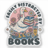 Easily Distracted by Books Cute Goose Bookworm Sticker (Voorkant)