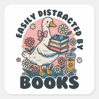 Easily Distracted by Books Cute Goose Bookworm Vierkante Sticker
