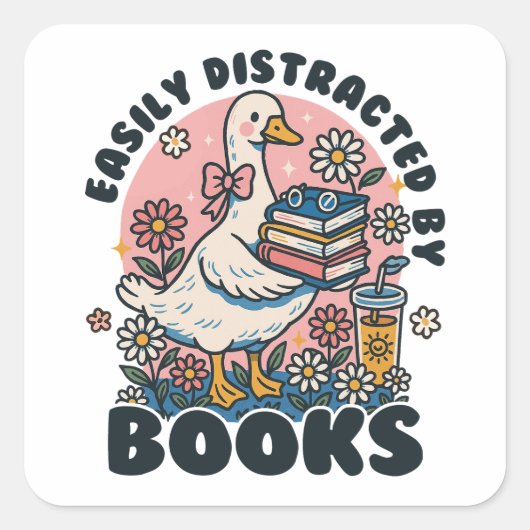 Easily Distracted by Books Cute Goose Bookworm Vierkante Sticker (Voorkant)