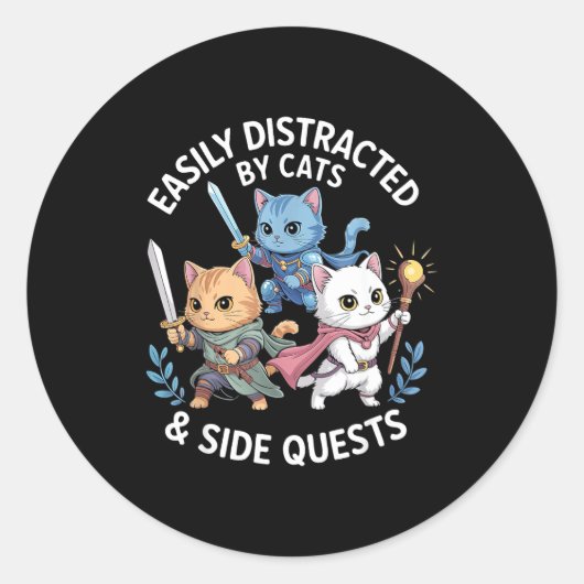 Easily Distracted By Cats & Side Quests Funny Ronde Sticker (Voorkant)
