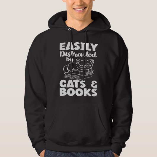 Easily Distracted By Cats And Books Cat  Bookworm Hoodie (Voorkant)