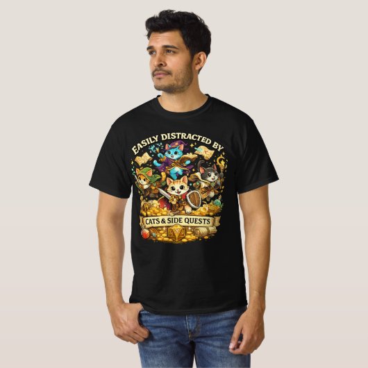 Easily Distracted by Cats & Side Quests Funny RPG  T-shirt (Voorkant volledig)