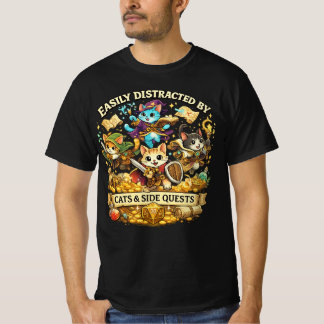 Easily Distracted by Cats & Side Quests Funny RPG  T-shirt