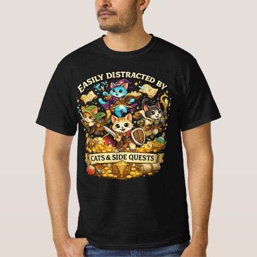 Easily Distracted by Cats & Side Quests Funny RPG  T-shirt (Voorkant)