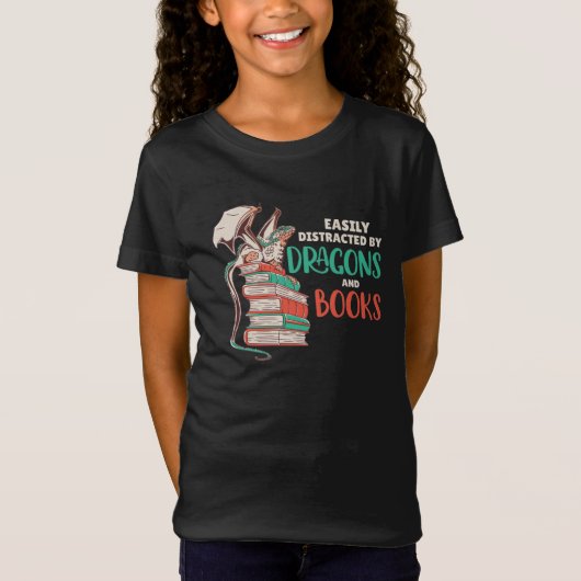Easily Distracted By Dragons And Books T-shirt (Voorkant)