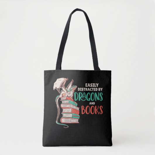 Easily Distracted By Dragons And Books Tote Bag (Voorkant)