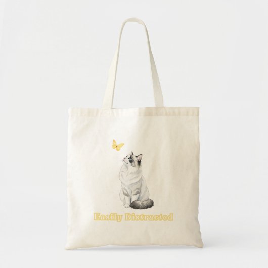 Easily Distracted Cute Cat & Butterfly Design Tote Bag (Voorkant)