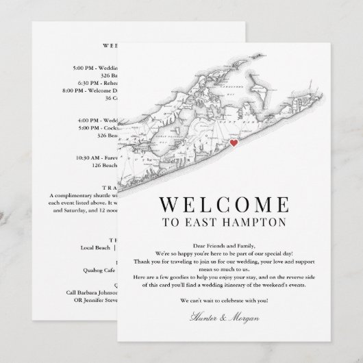 East Hampton NY bruiloft welkomstbrief zwart wit Bedankkaart (Voorkant / Achterkant)