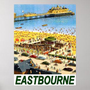 Eastbourne strand, luchtfoto, vintage reis poster